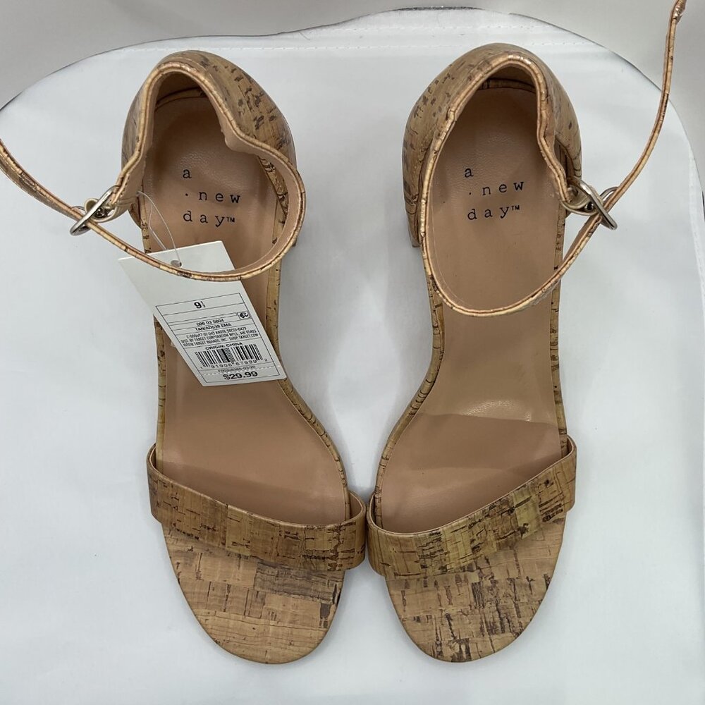 A New Day Womens Cork Block Heeled Sandals With  Ankle Strap Size 9.5